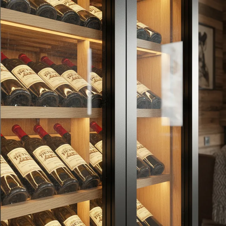 Glass door with stainless steel frame for a LivinVino custom wine cabinet